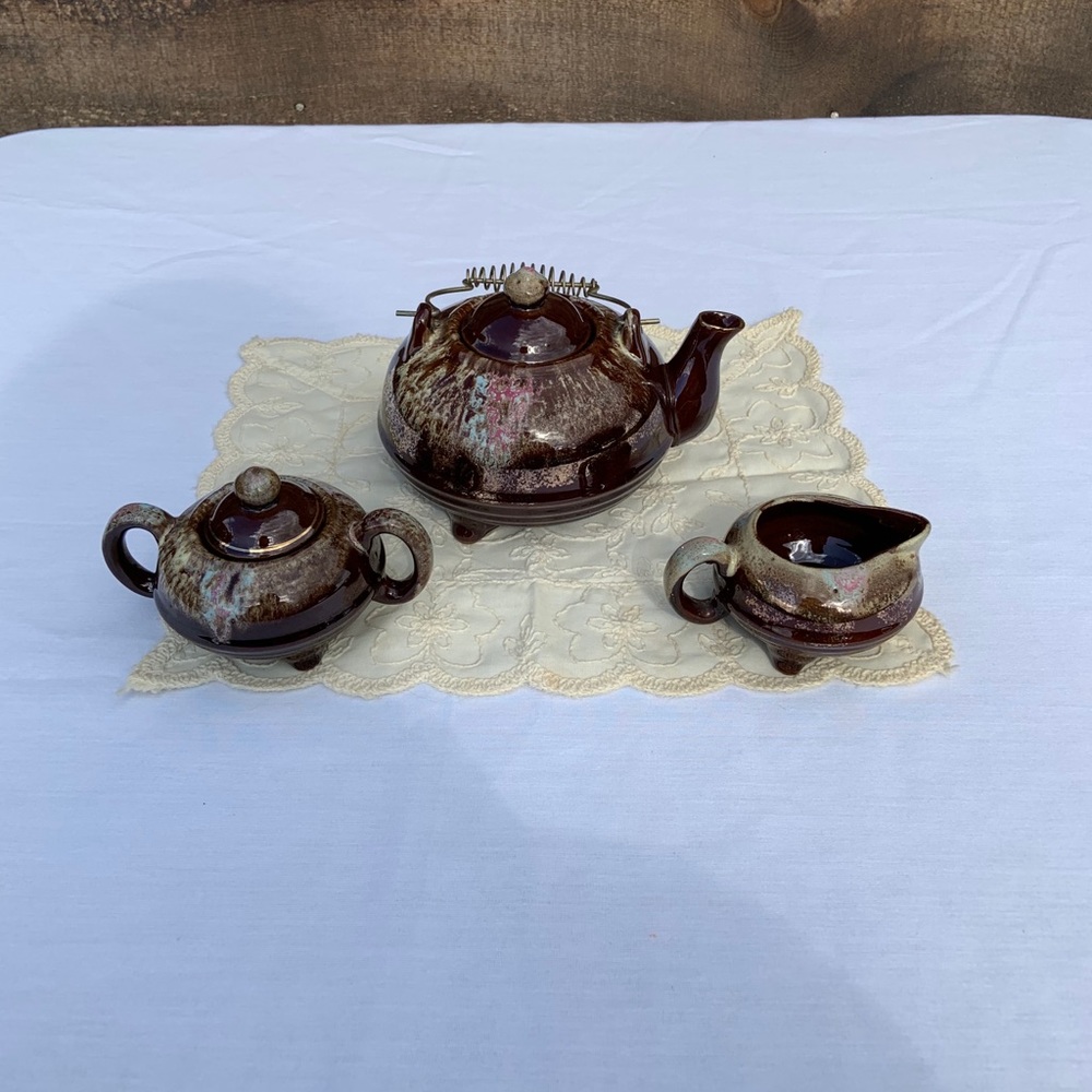 BOHO Brown Glazed Wire Handled Teapot Set